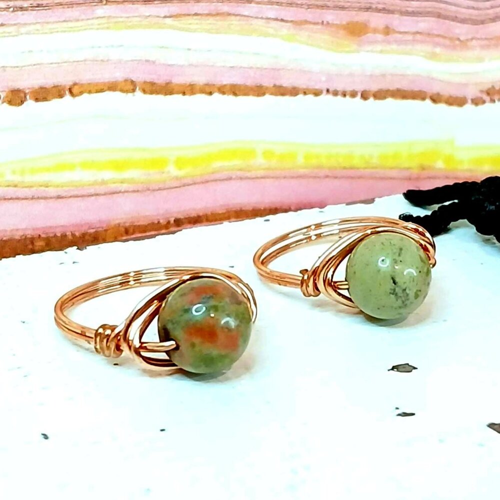 Unakite Jasper Gemstone Beaded Wire Ring, Crystal Dainty Chic Cute Copper